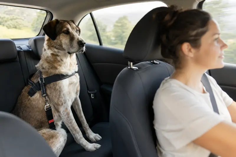 Eine Mallorca-Dogge sitzt sicher angeschnallt auf der Rückbank eines Autos, während der Besitzer ruhig fährt.