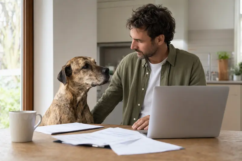 Eine Mallorca-Dogge sitzt entspannt neben ihrem Besitzer am Küchentisch, auf dem Versicherungsunterlagen und ein Laptop liegen.