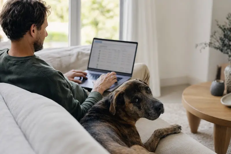 Ein Hundebesitzer arbeitet am Laptop auf dem Sofa, während eine Mallorca-Dogge entspannt daneben sitzt.