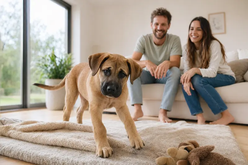 Ein neugieriger Mallorca-Dogge Welpe entdeckt sein neues Zuhause mit einer liebevollen Familie im Hintergrund.