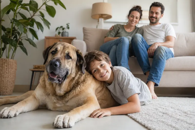 Ein freundlicher Mallorca Mastiff liegt entspannt neben einem Kind im hellen Wohnzimmer einer Familie.