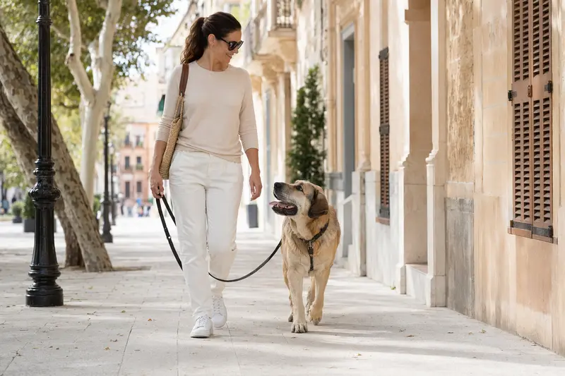 Ein Mallorca Mastiff läuft an der Leine mit seinem Besitzer durch eine saubere moderne Stadtstraße.