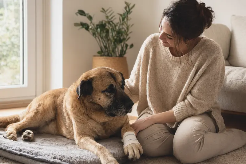 Ein ruhiger Mallorca Mastiff mit leichtem Verband an der Pfote liegt entspannt auf einer Decke, während sein erleichterter Halter an seiner Seite sitzt.