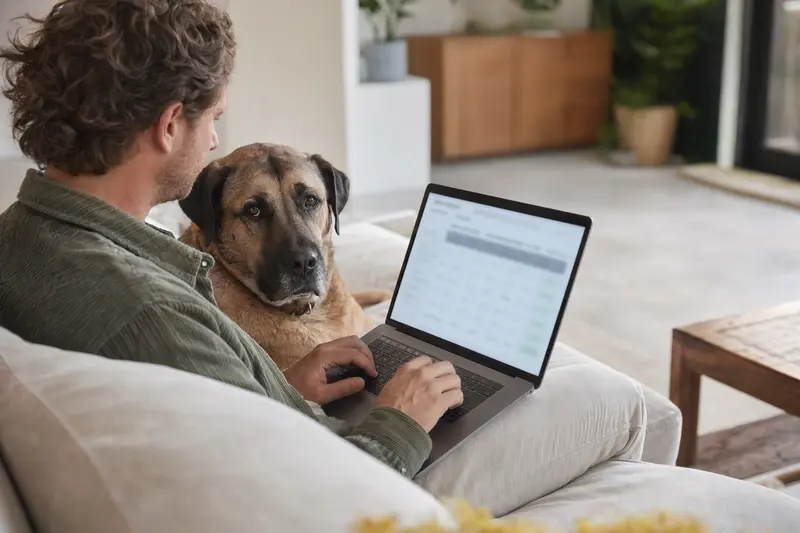 Ein Hundebesitzer sitzt mit einem Mallorca Mastiff auf dem Sofa und vergleicht Tierversicherungen am Laptop.