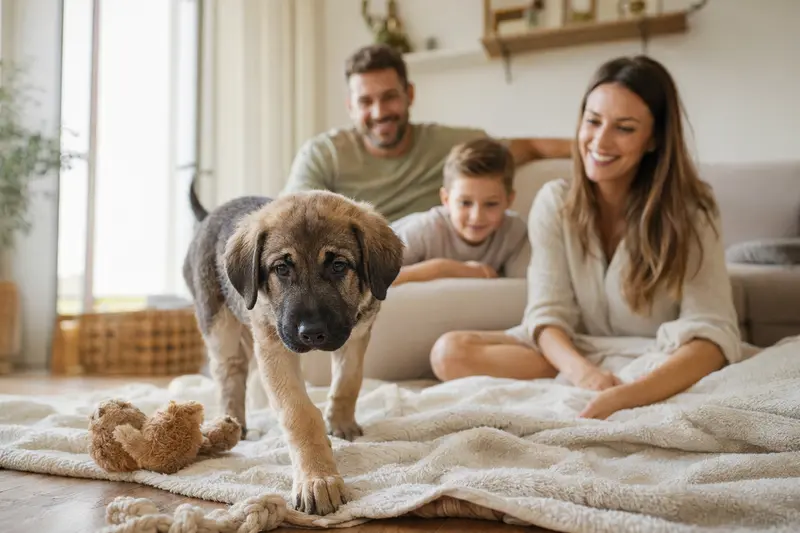Ein junger Mallorca Mastiff Welpe erkundet neugierig sein neues Zuhause mit einer weichen Decke und Spielzeug, während eine liebevolle Familie im Hintergrund zu sehen ist.