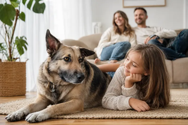 Ein freundlicher Mallorca-Schäferhund liegt entspannt neben einem Kind im hellen Wohnzimmer und vermittelt eine sichere Familienatmosphäre.