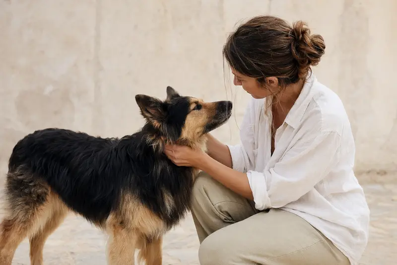 Ein aufmerksam stehender Mallorca-Schäferhund vor hellem Hintergrund als realistisches Tierportrait.