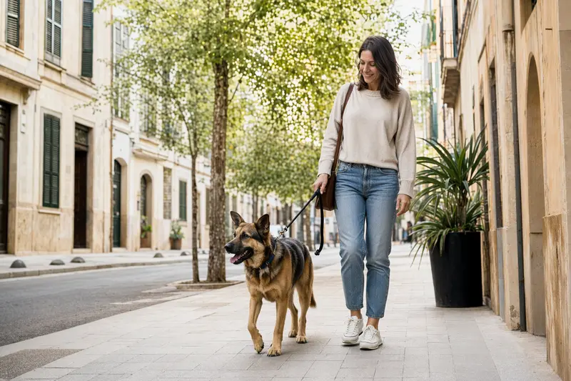 Mallorca-Schäferhund läuft an der Leine mit seinem Besitzer durch eine moderne Stadtstraße.