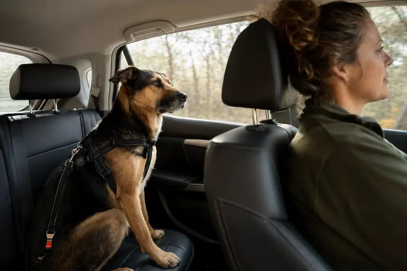 Ein Mallorca-Schäferhund sitzt sicher angeschnallt auf der Rückbank eines Autos, während der Besitzer ruhig fährt und Sonnenlicht durch das Fenster fällt.