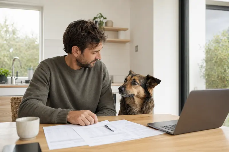 Mallorca-Schäferhund sitzt ruhig neben seinem Besitzer am Küchentisch mit Versicherungsunterlagen und einem Laptop zur Hundekrankenversicherung.
