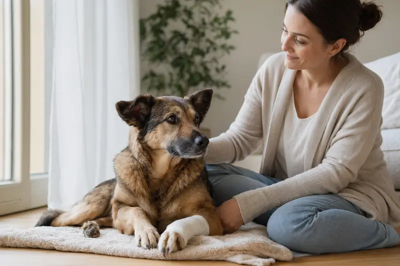 Mallorca-Schäferhund mit leichtem Verband an der Pfote liegt ruhig auf einer Decke, während sein Besitzer erleichtert neben ihm sitzt.