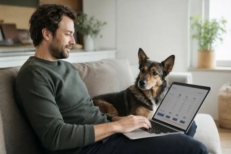 Ein Hundebesitzer sitzt auf dem Sofa mit Laptop, während ein Mallorca-Schäferhund daneben liegt.