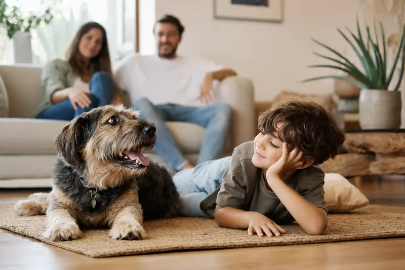 Ein Mallorqui Hund liegt entspannt neben einem Kind im hellen Wohnzimmer und vermittelt eine sichere Familienatmosphäre.