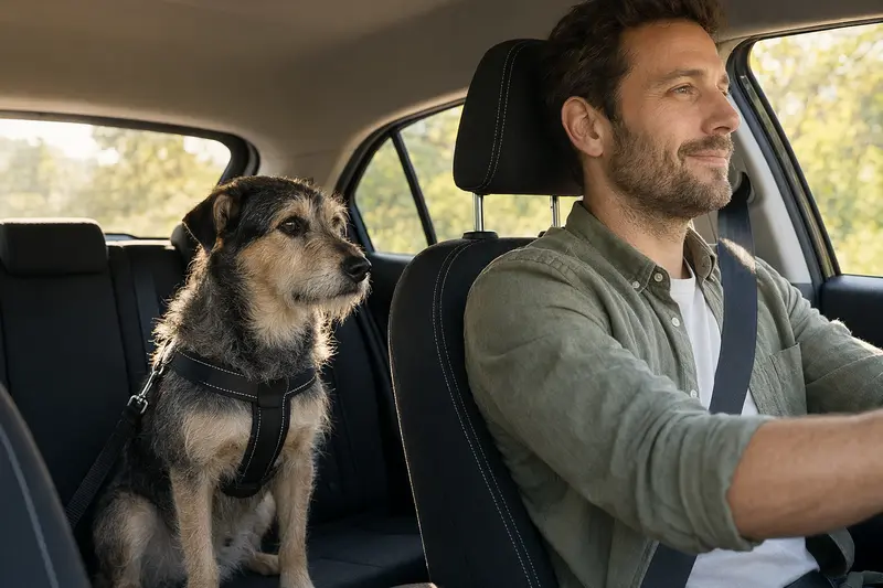 Ein Mallorqui-Hund sitzt sicher angeschnallt auf der Rückbank eines Autos, während sein Besitzer ruhig fährt.