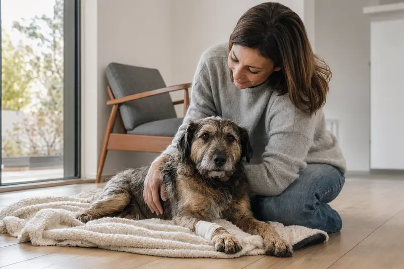 Ein Mallorqui Hund mit Verband entspannt neben seinem erleichterten Besitzer auf einer Decke.