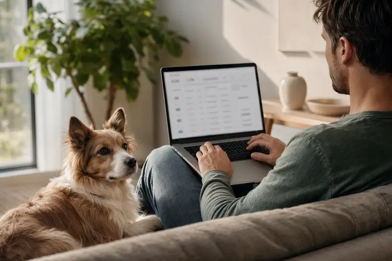 Ein Hundebesitzer arbeitet mit einem Laptop auf dem Sofa, während ein Mallorqui Hund neben ihm sitzt.