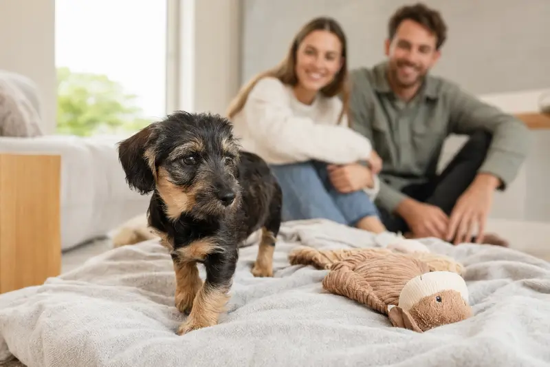 Ein junger Mallorqui Welpe erkundet neugierig sein neues Zuhause auf einer weichen Decke, während eine liebevolle Familie im Hintergrund zuschaut.