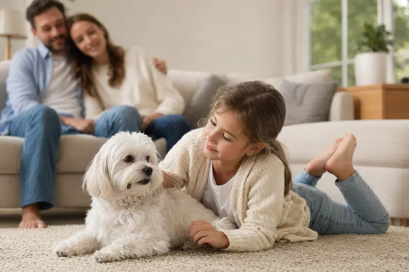 Ein freundlicher Malteser Hund liegt entspannt neben einem Kind im hellen Wohnzimmer, während die Eltern im Hintergrund eine sichere Familienatmosphäre schaffen.