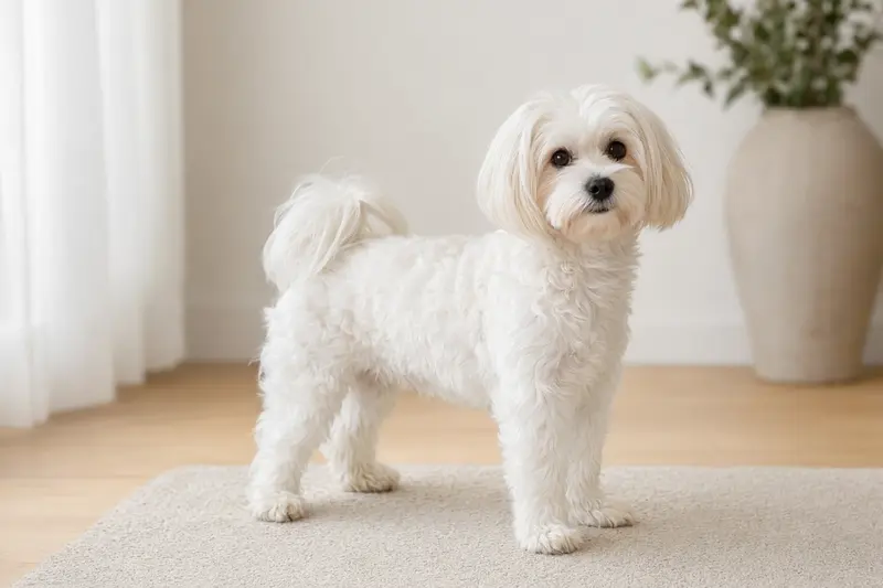 Ein aufmerksamer Malteser Hund steht vor hellem Hintergrund in natürlicher Haltung für ein professionelles Tierporträt.