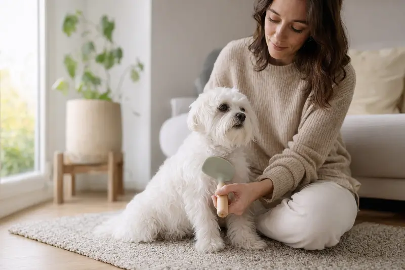 Ein Malteser Hund wird in einer hellen Wohnung sanft gebürstet, während sich der Besitzer liebevoll um die Fellpflege kümmert.