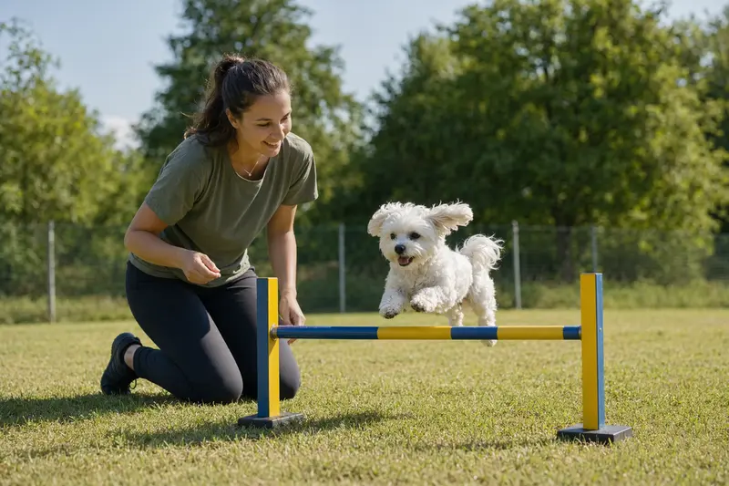 Ein Malteser Hund springt beim Training über eine kleine Hürde auf dem Hundeplatz, während sein Besitzer ihn aufmerksam begleitet.