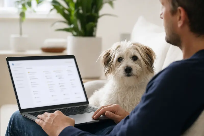 Ein Hundebesitzer arbeitet am Laptop auf dem Sofa, während ein Malteser-Hund neben ihm sitzt, der Bildschirm zeigt eine neutrale Versicherungsvergleichs-Oberfläche.