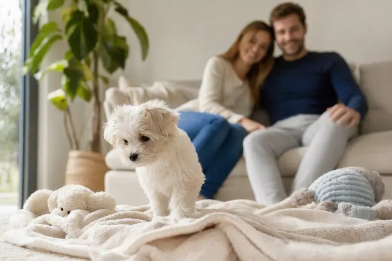 Ein neugieriger Malteser Welpe erkundet sein neues Zuhause mit liebevoller Familie im Hintergrund.