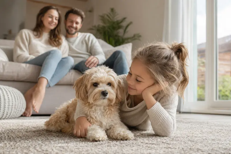 Ein Maltipoo Hund liegt entspannt neben einem Kind im hellen Wohnzimmer und vermittelt eine vertrauensvolle Familienatmosphäre.