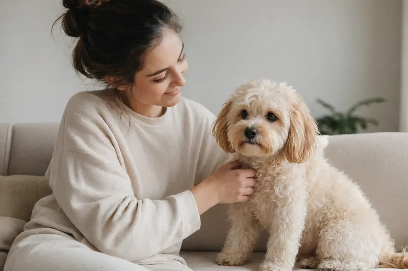 Ein aufmerksamer Maltipoo Hund steht in natürlicher Haltung vor hellem Hintergrund und ist als realistisches Tierportrait für einen Ratgeber zur Hundegesundheit dargestellt.