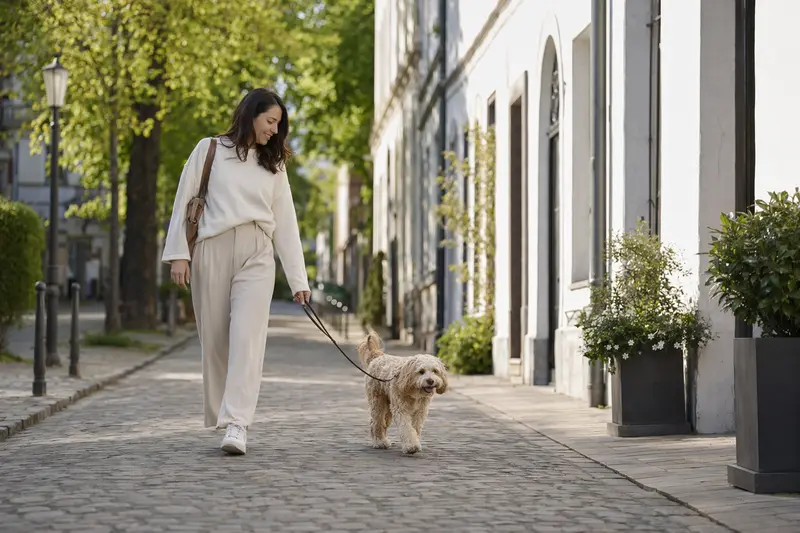 Ein Maltipoo läuft an der Leine mit seinem Besitzer durch eine freundliche moderne Stadtstraße.