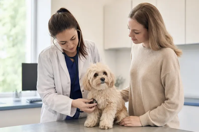 Ein Maltipoo auf einem Untersuchungstisch, während eine freundliche Tierärztin ihn mit einem Stethoskop untersucht.