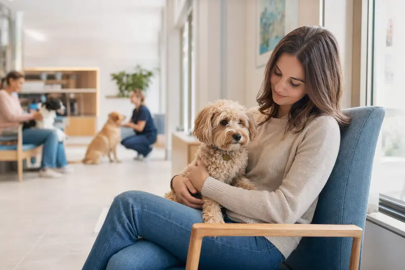 Ein Maltipoo sitzt ruhig neben seinem Besitzer im hellen Wartezimmer einer modernen Tierarztpraxis.