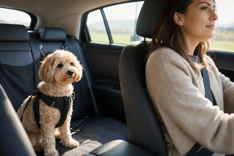 Ein Maltipoo sitzt sicher angeschnallt auf der Rückbank eines Autos, während der Besitzer ruhig fährt.