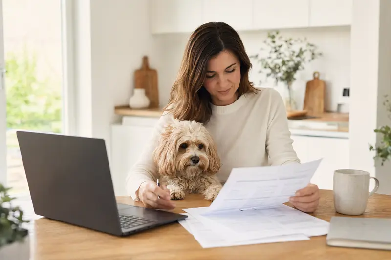 Ein Maltipoo Hund sitzt entspannt neben seinem Besitzer am Küchentisch mit Versicherungsunterlagen und einem Laptop.