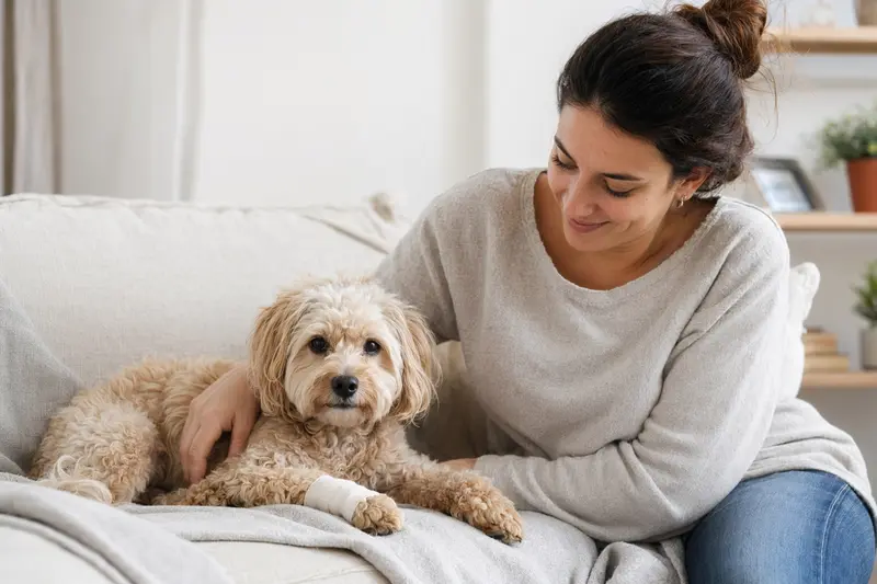 Ein Maltipoo Hund mit leichtem Verband an der Pfote liegt entspannt neben seinem erleichterten Besitzer auf einer Decke in einer hellen Wohnung.