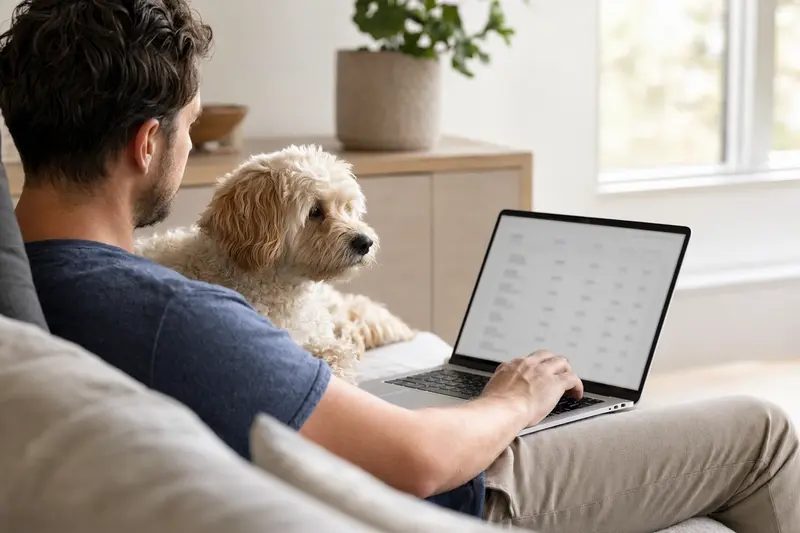 Eine Person sitzt mit einem Laptop auf dem Sofa neben einem Maltipoo-Hund und vergleicht Tierversicherungen.