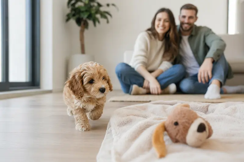Ein junger Maltipoo Welpe erkundet neugierig seine neue Umgebung mit einer weichen Decke und Spielzeugen, während eine liebevolle Familie im Hintergrund zu sehen ist.