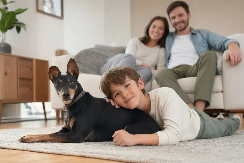 Ein freundlicher Manchester Terrier liegt entspannt neben einem Kind im hellen Wohnzimmer einer Familie.
