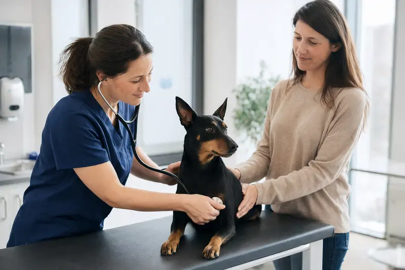Ein ruhiger Manchester Terrier wird von einer freundlichen Tierärztin mit einem Stethoskop in einer modernen Tierarztpraxis untersucht.
