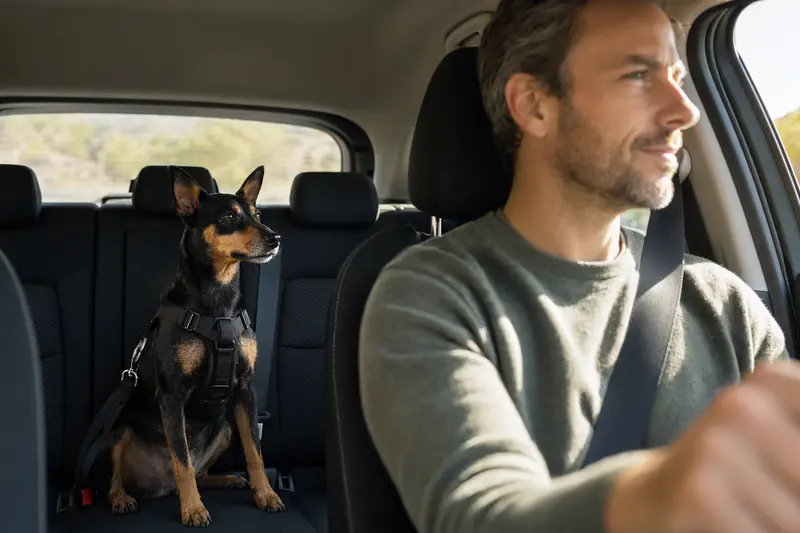 Ein Manchester Terrier sitzt sicher angeschnallt auf der Rückbank eines Autos, während der Besitzer ruhig fährt.