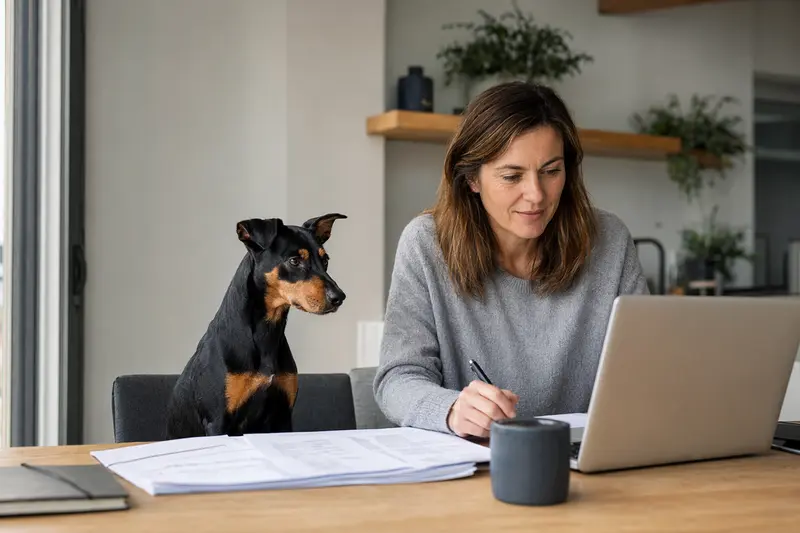 Ein Manchester Terrier sitzt ruhig neben seinem Besitzer am Küchentisch mit Versicherungsunterlagen und einem Laptop.