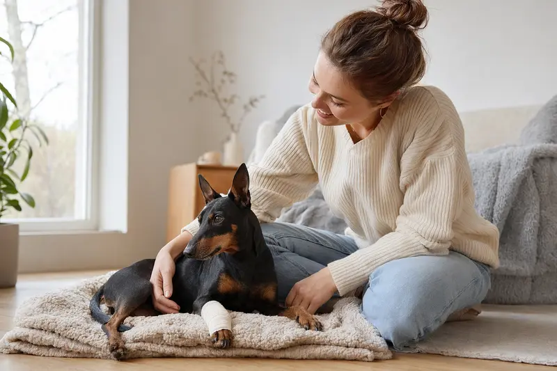 Ein entspannter Manchester Terrier mit leichtem Verband an der Pfote liegt neben seinem erleichterten Besitzer auf einer Decke in einer hellen Wohnung.