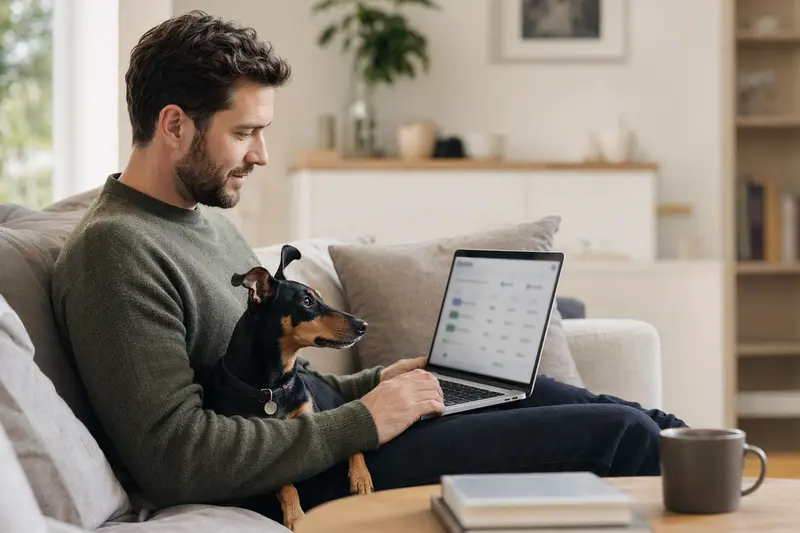 Ein Hundebesitzer arbeitet am Laptop auf dem Sofa, während ein Manchester Terrier neben ihm sitzt, in einer hellen und ruhigen Wohnung.