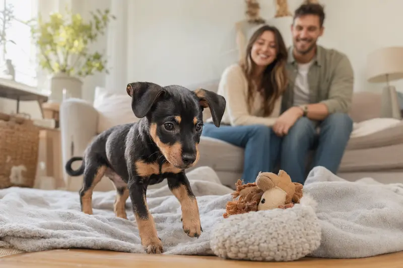 Ein neugieriger Manchester Terrier Welpe entdeckt sein neues Zuhause auf einer weichen Decke, während seine liebevolle Familie im Hintergrund lächelt.