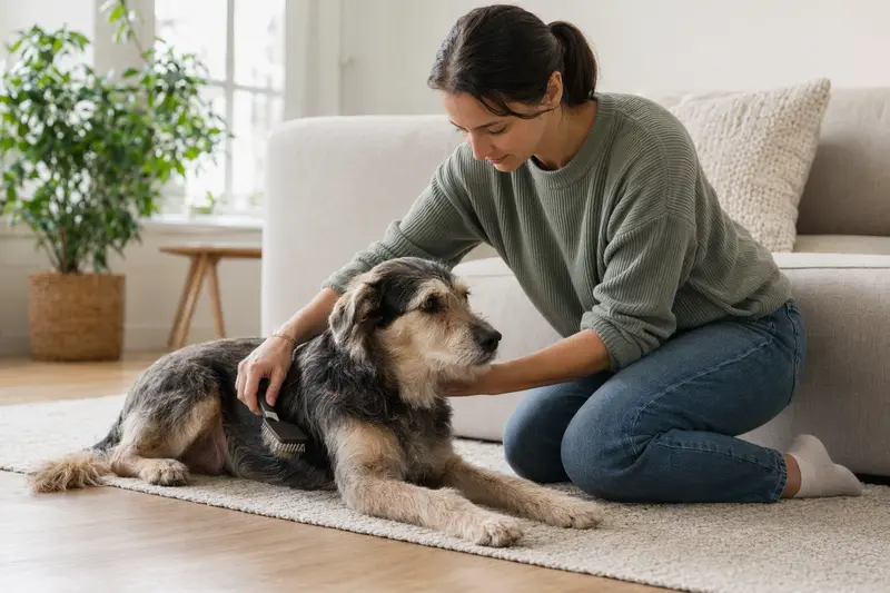 Ein Maneto Hund wird zuhause sanft gebürstet, während der Besitzer liebevoll die Fellpflege übernimmt.