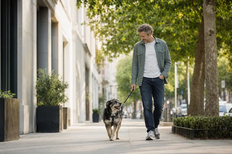 Ein Maneto Hund läuft an der Leine mit seinem Besitzer durch eine moderne Stadtstraße.