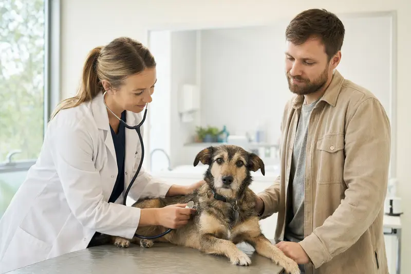 Ein ruhiger Maneto Hund wird von einer freundlichen Tierärztin in einer modernen Tierarztpraxis mit einem Stethoskop untersucht, während sein Besitzer beruhigend daneben steht.