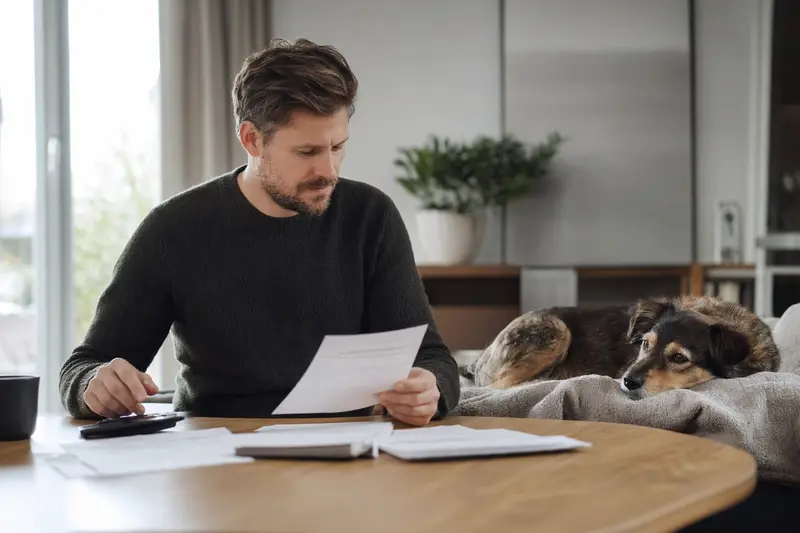 Ein Hundebesitzer sitzt mit einer Tierarztrechnung am Tisch, während ein entspannter Maneto Hund auf einer Decke daneben liegt – eine ruhige Szene zum Thema Tierarztkosten und Versicherung.