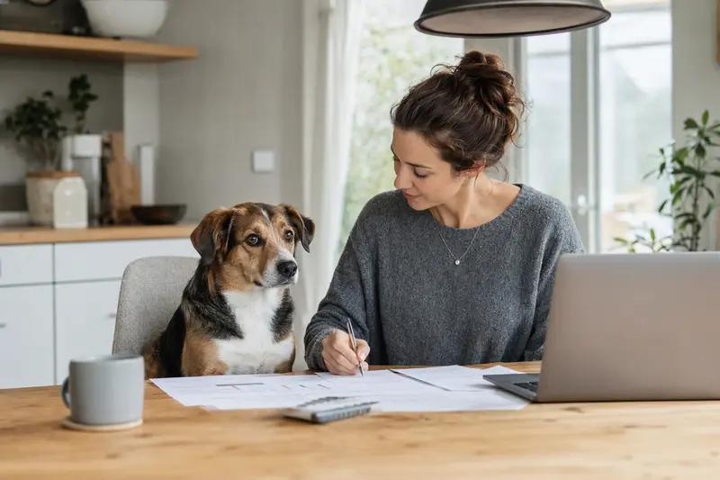 Ein Maneto Hund sitzt entspannt neben seinem Besitzer, während auf dem Tisch Versicherungsunterlagen und ein Laptop für den Vergleich geöffnet sind.