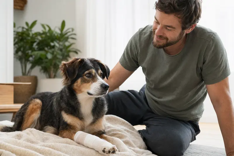 Ein Maneto Hund mit Verband an der Pfote liegt auf einer Decke, während sein Besitzer erleichtert daneben sitzt, in einer hellen und freundlichen Wohnung.